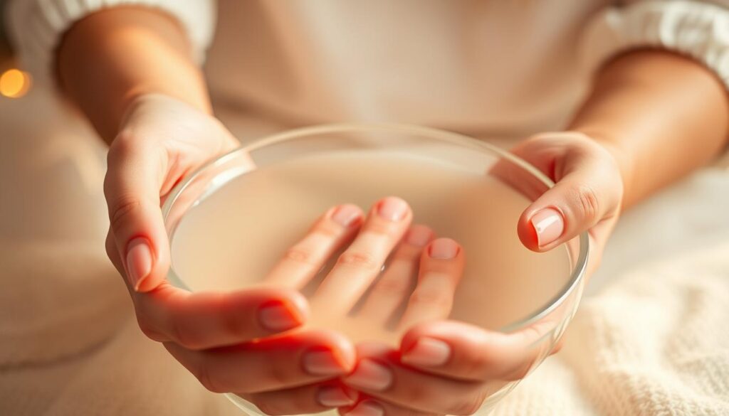A close-up view of a person's hands gently soaking their nails in a clear solution, surrounded by a soft, calming atmosphere. The hands are positioned in the foreground, with the nails submerged in a shallow bowl or container filled with a transparent liquid. The background is blurred, creating a sense of focus on the delicate process of nail removal. The lighting is warm and diffused, casting a gentle glow on the scene. The overall mood is one of relaxation and care, reflecting the step-by-step guide for safely removing press-on nails. A close-up view of a person's hands gently soaking their nails in a clear solution, surrounded by a soft, calming atmosphere. The hands are positioned in the foreground, with the nails submerged in a shallow bowl or container filled with a transparent liquid. The background is blurred, creating a sense of focus on the delicate process of nail removal. The lighting is warm and diffused, casting a gentle glow on the scene. The overall mood is one of relaxation and care, reflecting the step-by-step guide for safely removing press-on nails.
