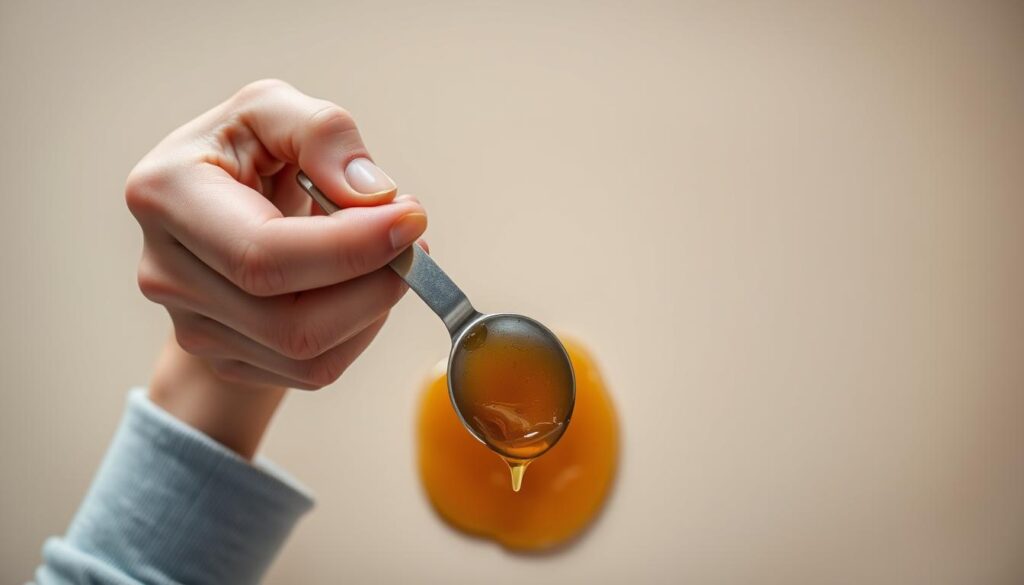 A close-up view of a person's hands measuring a viscous, gooey substance, such as honey or molasses, using a metal measuring spoon against a plain, neutral-colored background. The lighting is soft and diffused, creating gentle shadows that highlight the textural details of the ingredients. The camera angle is slightly elevated, providing a bird's-eye perspective that emphasizes the precision and care required when measuring sticky, hard-to-pour items. The composition is well-balanced, with the measuring spoon and hands occupying the foreground, and the background providing a clean, uncluttered canvas to showcase the process.