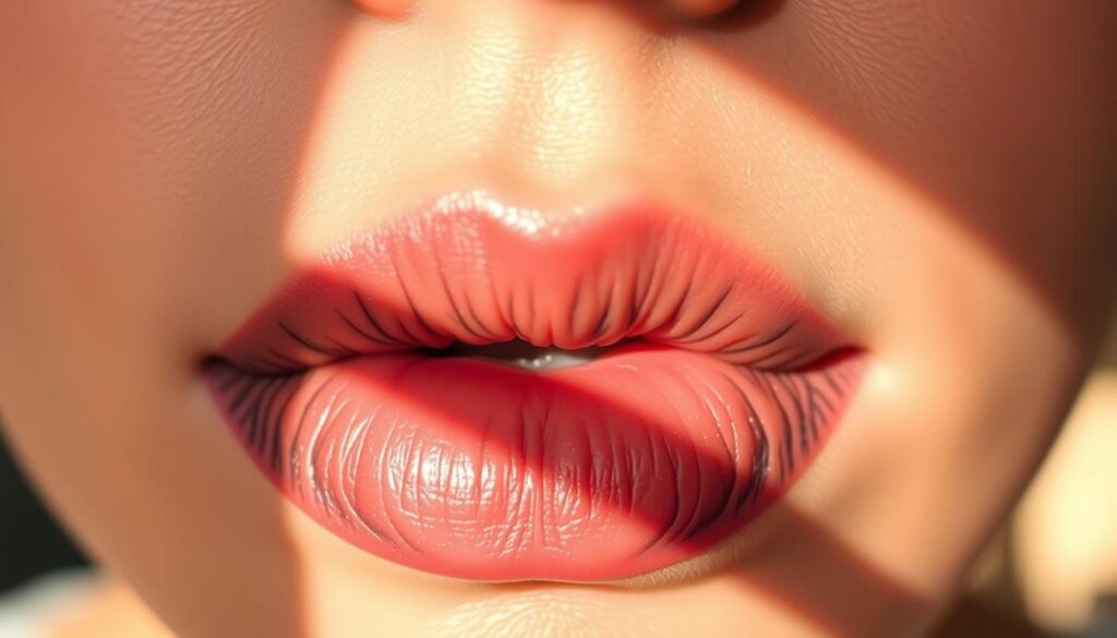 A close-up view of a person's lips, showcasing various factors that influence the longevity of a lip tattoo. The foreground features the tattooed lips, with intricate linework and shading. The middle ground highlights the skin texture, moisture levels, and natural pigmentation, which can impact how the tattoo fades over time. The background softly blurs, creating a sense of depth and focus on the central subject. Warm, natural lighting casts subtle shadows, accentuating the dimensional qualities of the lips. The overall mood is informative and visually captivating, inviting the viewer to explore the nuances of lip tattoo longevity.
