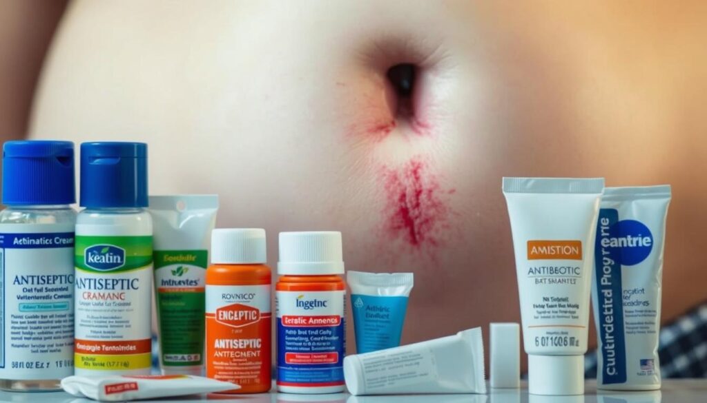 A close-up view of a person's navel, revealing an inflamed, reddish skin surrounding the belly button. In the foreground, various medical treatments are displayed, such as antiseptic creams, antibiotic ointments, and sterile bandages. The lighting is soft and diffused, creating a clinical atmosphere. The background is slightly blurred, emphasizing the focus on the navel and the treatment options. The image conveys a sense of concern and the need for proper medical attention to address the belly button infection.