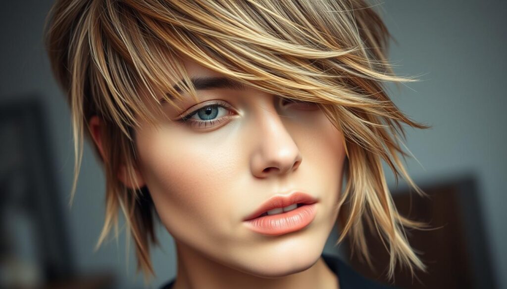 A close-up view of a stylish choppy layers hairstyle, with delicate strands framing the face and textured, uneven layers creating a dynamic, edgy look. The lighting is soft and diffused, casting a gentle glow on the model's features and highlighting the nuanced tones and dimensions of the hair. The camera is positioned at eye level, capturing the hairstyle's natural flow and movement. The background is subtly blurred, keeping the focus on the intricate details of the haircut. The overall mood is sophisticated and contemporary, reflecting the timeless appeal of the iconic wolf cut.