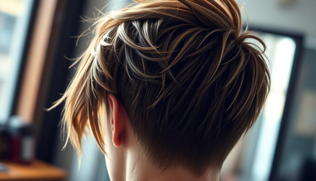 A close-up view of a stylish, textured wolf cut hairstyle, with distinct layers and wispy ends. The lighting is soft and flattering, creating a sense of depth and dimension. The focus is on the subtle waves and peaks of the haircut, highlighting its unique and dynamic shape. The background is blurred, drawing the viewer's attention to the intricate details of the hairstyle. The overall mood is one of sophistication and effortless cool, showcasing the versatility and appeal of the wolf cut.