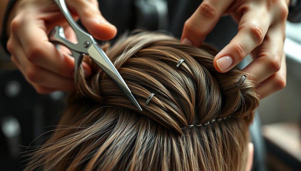 A close-up view of a stylist's hands sectioning and cutting a wolf cut hairstyle. The foreground features detailed, realistic textures of hair strands, scissors, and sectioning clips. The middle ground showcases the intricate sectioning pattern, with diagonal and horizontal partitions creating a layered, volumized effect. The background is softly blurred, emphasizing the technical focus. The lighting is natural, with a slight sidelight creating depth and dimension. The overall mood is one of precision, expertise, and the art of haircutting.