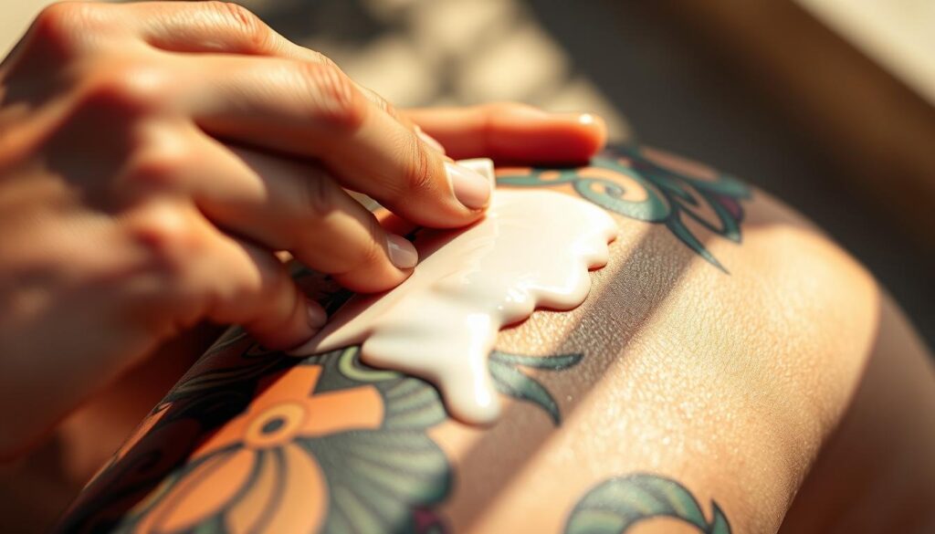 A close-up view of a tattooed arm being protected with sunscreen. The foreground shows a hand applying a generous layer of high-SPF sunscreen across the colorful, detailed tattoo design. The middle ground reveals the texture and contours of the tattooed skin, with the sunscreen glistening in the light. The background is blurred, but suggests a sunny, outdoor environment. The lighting is natural and warm, creating a sense of care and diligence in maintaining the tattoo's vibrancy and longevity. The overall mood is one of responsible tattoo aftercare, emphasizing the importance of sun protection for aged, ink-based body art.
