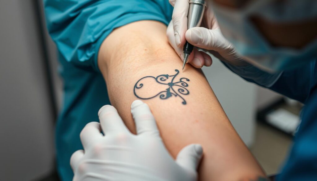 A close-up view of a tattooed arm undergoing the cover-up process. The skin is gently being sanded down, revealing the faded outline of the old tattoo. A skilled tattoo artist, dressed in sterile medical attire, meticulously applies a fresh layer of vibrant ink, carefully designing a new pattern to conceal the unwanted design. The workspace is well-lit, with a soft, diffused light creating an atmosphere of focus and precision. The camera angle captures the intricate details of the procedure, showcasing the technical expertise required to execute a seamless cover-up tattoo.