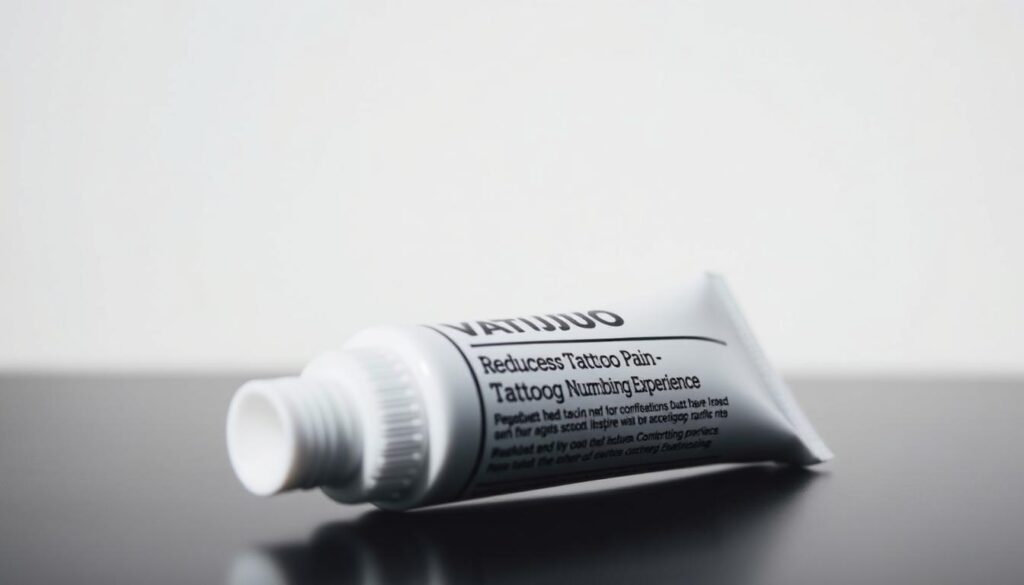A close-up view of a tube of tattoo numbing cream set against a clean, minimalist background. The cream's label prominently displays key information about its benefits, such as "Reduces Tattoo Pain" and "Ensures Comfortable Tattooing Experience." The lighting is soft and diffused, creating a subtle, clinical atmosphere that emphasizes the product's intended purpose. The image captures the essential characteristics of the numbing cream, conveying its functionality and limitations in a visually compelling manner.