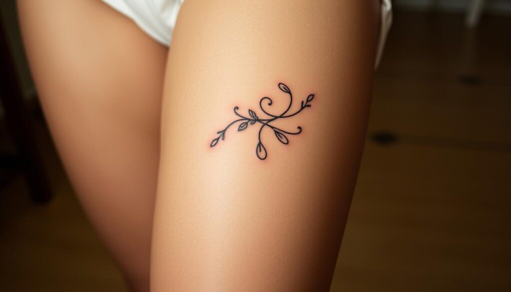 A close-up view of a well-toned, lightly tanned female thigh, the skin smooth and unblemished. The focus is on a delicate, intricate tattoo design adorning the upper thigh area, the lines crisp and the colors vibrant. The tattoo features a delicate floral motif, with intricate petals and leaves swirling around the thigh in a graceful, organic pattern. The lighting is soft and diffused, creating a warm, intimate atmosphere, and the camera angle is slightly angled to showcase the curvature of the thigh and the placement of the tattoo. The background is blurred, keeping the attention firmly on the tattoo itself.