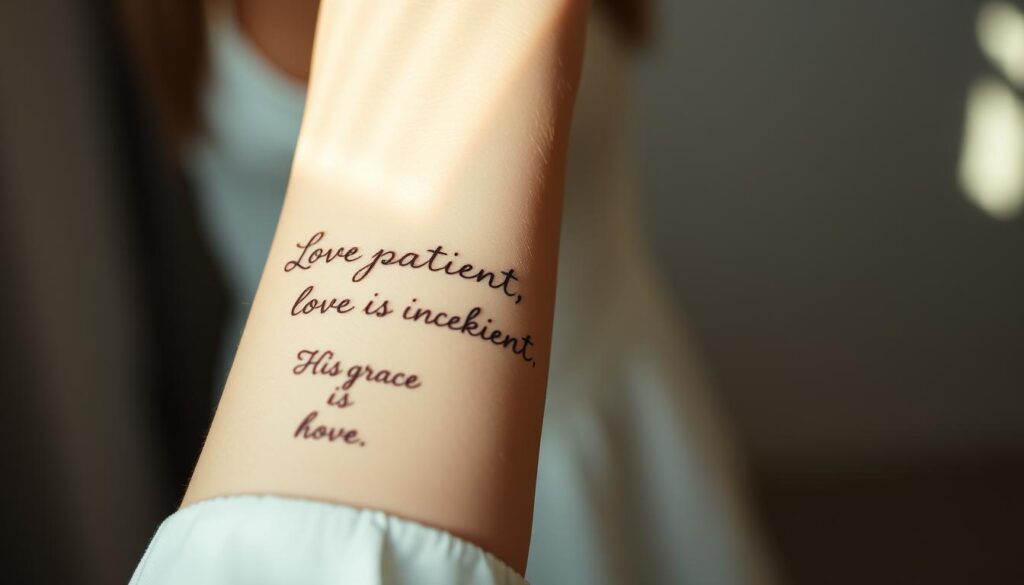 A close-up view of a woman's arm, featuring several elegant and delicate Bible verse tattoos in a calligraphic style. The tattoos are situated on the forearm, capturing the soft, natural lighting and creating a serene, graceful atmosphere. The tattoos feature short, meaningful verses such as "Love is patient, love is kind" and "His grace is sufficient." The skin tone is fair, with a subtle glow, and the tattoos are positioned in a way that highlights their beauty and significance. The background is blurred, keeping the focus on the intricate tattoo designs and their personal significance to the subject.