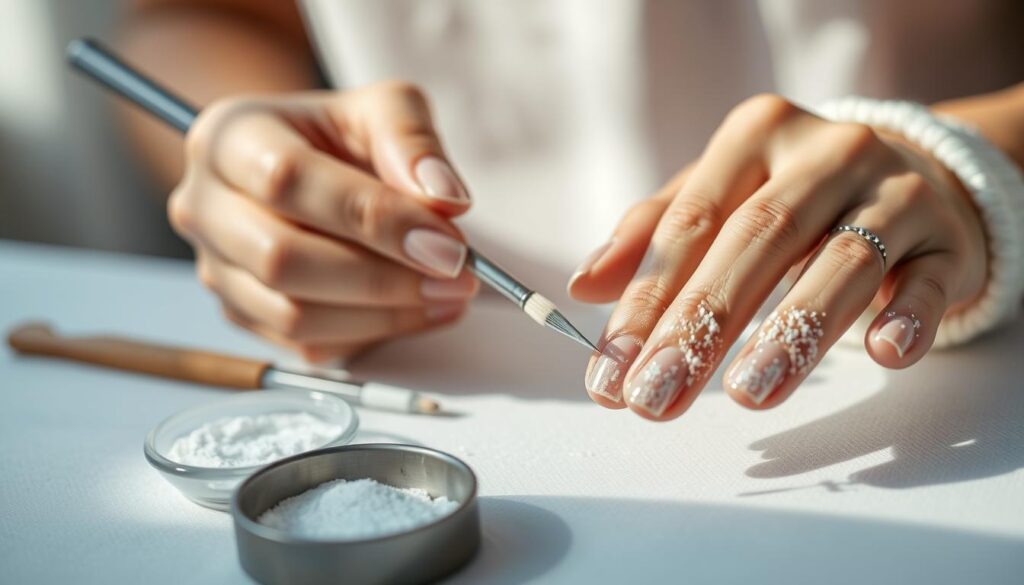 A close-up view of a woman's hands carefully applying dip powder nail treatment. The foreground shows the hands precisely layering the fine powder onto each nail, layer by layer, creating a smooth, even application. The middle ground reveals the tools used - a dip powder brush, a small bowl of powder, and a nail file. The background is softly blurred, focusing attention on the intricate nail art process. Soft, natural lighting illuminates the scene, casting gentle shadows that highlight the textures and shapes. The overall mood is one of concentration and attention to detail, reflecting the delicate and specialized nature of the dip powder nail application technique.
