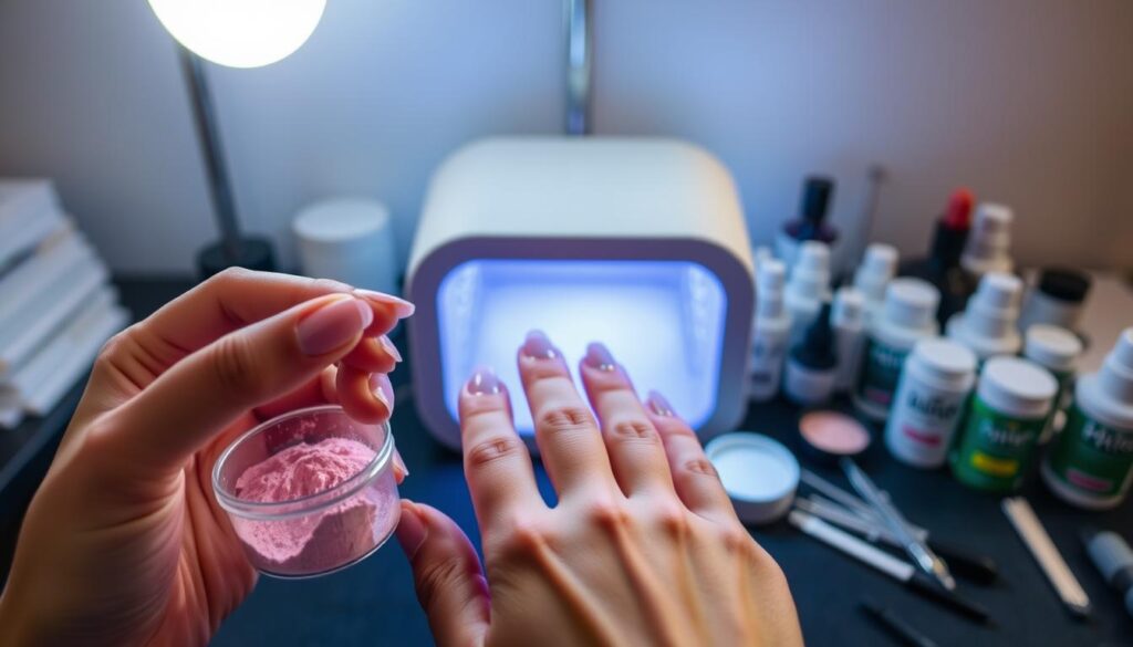 A close-up view of a woman's hands demonstrating the step-by-step process of applying dip powder nails. In the foreground, her fingers delicately dip into a small container of colored powder, gently dusting the nails. The middle ground reveals the nails curing under a UV/LED light, with a soft, warm glow illuminating the scene. In the background, various dip powder products and tools are neatly arranged, providing a sense of the professional setting. The lighting is soft and diffused, creating a tranquil, instructional atmosphere, showcasing the intricate technique of dip powder nail application.