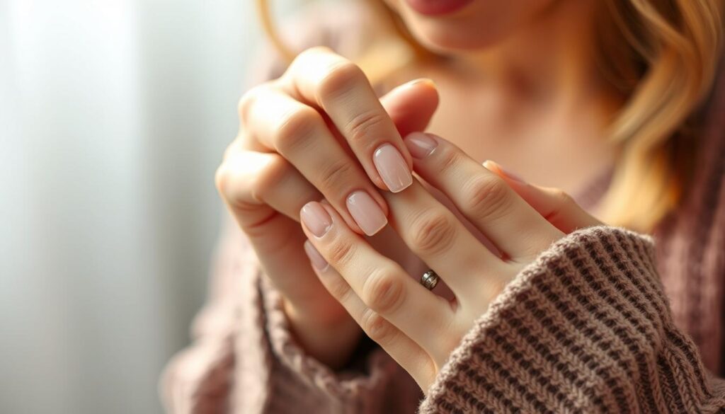 A close-up view of a woman's hands gently caring for her natural nails during the acrylic removal process. The fingers are delicately positioned, with cuticles being softened and nails being carefully filed. Soft, natural lighting illuminates the scene, creating a soothing and tranquil atmosphere. The background is blurred, keeping the focus on the intricate, detailed work being performed. The overall mood conveys a sense of mindfulness, self-care, and the importance of nurturing one's natural nails after years of acrylic application. A close-up view of a woman's hands gently caring for her natural nails during the acrylic removal process. The fingers are delicately positioned, with cuticles being softened and nails being carefully filed. Soft, natural lighting illuminates the scene, creating a soothing and tranquil atmosphere. The background is blurred, keeping the focus on the intricate, detailed work being performed. The overall mood conveys a sense of mindfulness, self-care, and the importance of nurturing one's natural nails after years of acrylic application.