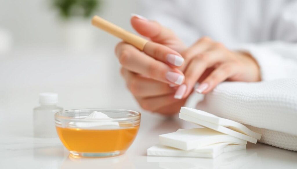 A close-up view of a woman's hands gently removing gel nail polish, layer by layer, on a clean, well-lit surface. The fingers are delicately gripping a wooden cuticle stick, carefully scraping off the shiny coating. In the foreground, a small bowl of acetone-based nail polish remover and cotton pads are neatly arranged, ready to assist in the process. The background is out of focus, creating a soft, spa-like atmosphere that emphasizes the attention and care being given to this manicure removal ritual. A close-up view of a woman's hands gently removing gel nail polish, layer by layer, on a clean, well-lit surface. The fingers are delicately gripping a wooden cuticle stick, carefully scraping off the shiny coating. In the foreground, a small bowl of acetone-based nail polish remover and cotton pads are neatly arranged, ready to assist in the process. The background is out of focus, creating a soft, spa-like atmosphere that emphasizes the attention and care being given to this manicure removal ritual.