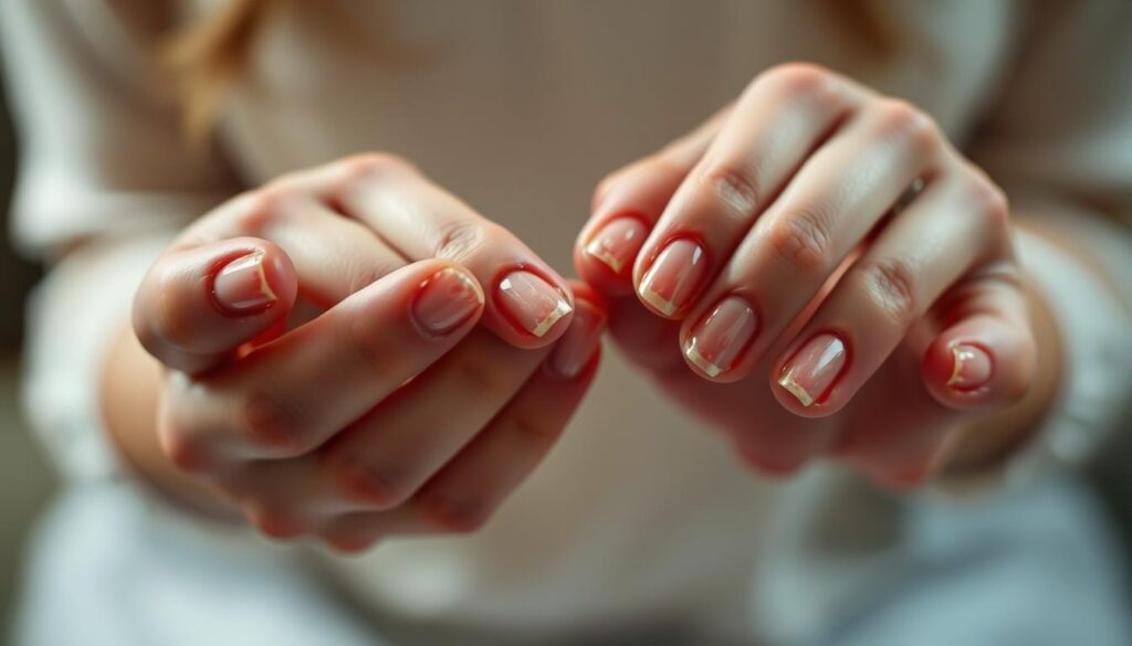A close-up view of a woman's hands removing dip powder nails. The nails are partially filed down, revealing the natural nail bed beneath. The skin around the nails is slightly reddened, indicating the removal process. The hands are held in a delicate, focused manner, conveying the care and attention required for this task. The lighting is soft and diffused, creating a calming, intimate atmosphere. The background is blurred, keeping the emphasis on the hands and the removal process. The overall mood is one of precision, concentration, and the satisfaction of reclaiming one's natural nails.