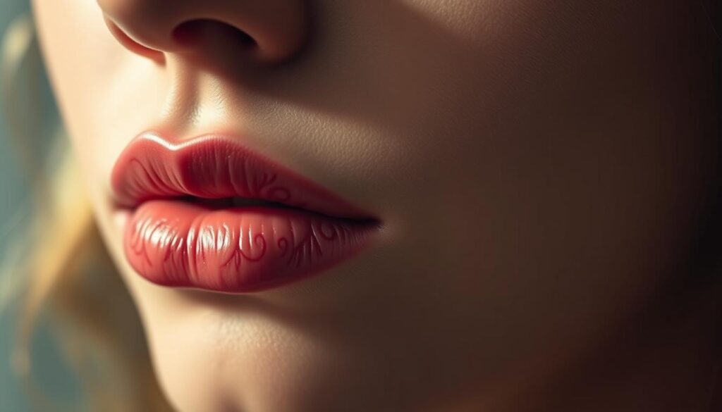 A close-up view of a woman's lips, showcasing a delicate, intricate lip tattoo design. The tattoo features intricate, flowing patterns in shades of red and pink, accentuating the natural curves and fullness of the lips. The lighting is soft and diffused, creating a warm, intimate atmosphere that highlights the detailed linework and subtle gradients of the tattoo. The background is blurred, placing the focus solely on the captivating lip tattoo. The overall composition conveys a sense of artistry, individuality, and the permanence of this unique form of body modification.