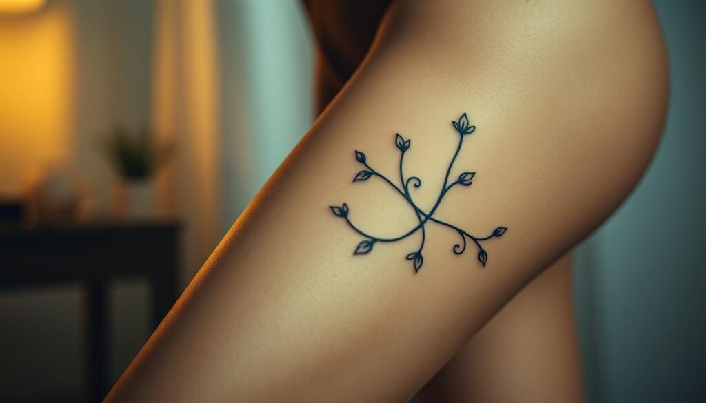 A close-up view of a woman's thigh, showcasing a delicate floral tattoo design. The tattoo features intricate petals and vines that gracefully wrap around the contours of the skin. The lighting is soft and diffused, creating a warm, intimate atmosphere. The background is blurred, drawing the viewer's attention to the detailed tattoo art. The pose is relaxed, with the leg slightly bent to highlight the tattoo's placement. The overall mood is one of beauty, femininity, and the allure of body art.