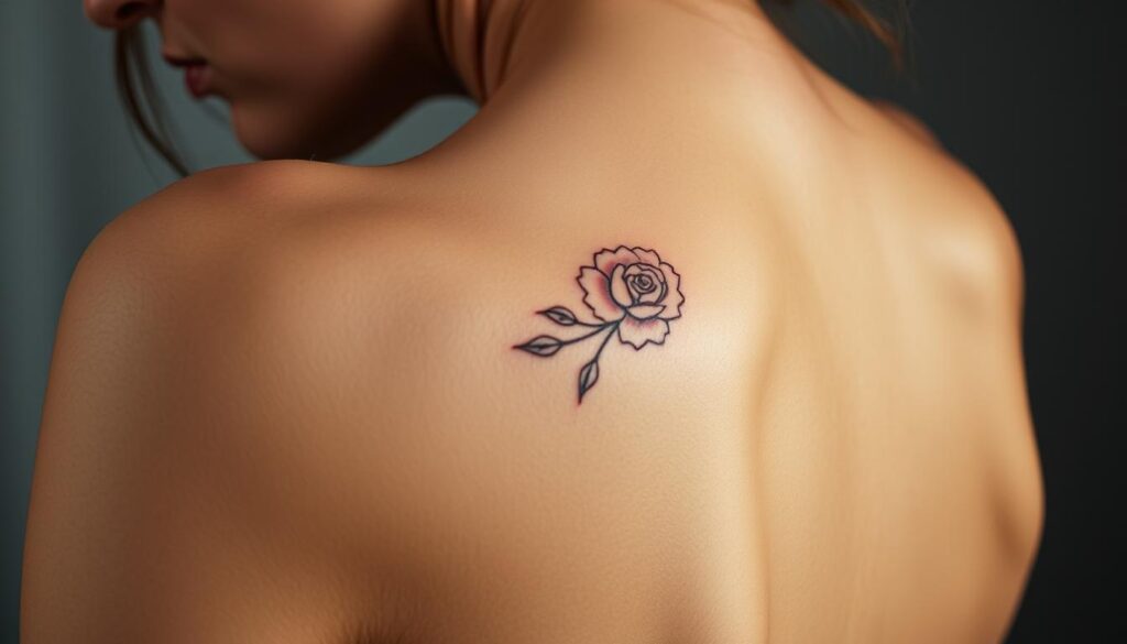 A close-up view of a woman's upper back, highlighting a delicate floral tattoo on her shoulder blade. The skin is taut, with visible muscles and slight tension, suggesting the discomfort of the tattooing process. The lighting is soft and diffused, casting subtle shadows that accentuate the contours of the body. The background is slightly blurred, keeping the focus on the tattoo and the expression of pain. The overall mood is one of quiet intensity, capturing the intersection of beauty, artistry, and the temporary but meaningful experience of body modification.