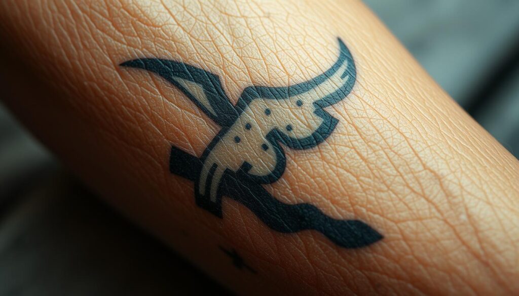 A close-up view of an aged tattoo on weathered skin, showcasing the effects of time and exposure. The tattoo's once-vibrant design has faded and blurred, with noticeable distortion and discoloration. The skin surrounding the tattoo appears wrinkled, with visible signs of sun damage and age. The lighting is soft and diffused, highlighting the textural details of the skin and the diminished tattoo. The composition emphasizes the tattoo's placement, perhaps on the forearm or upper arm, to convey the impact of location on the aging process. The overall mood is one of subtle melancholy, reflecting the passage of time and the impermanence of even seemingly permanent body art.