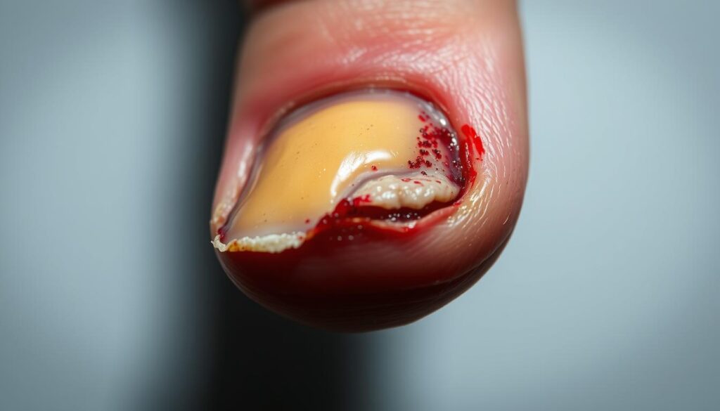 A close-up view of an infected, inflamed fingertip with reddened skin, swollen cuticles, and a yellow, pus-filled blister. The nail bed is damaged, with jagged edges and discoloration. The finger is positioned against a plain, neutral background, drawing the viewer's full attention to the unsettling details of the infection. Dramatic, high-contrast lighting casts dramatic shadows, emphasizing the texture and severity of the condition. The overall mood is one of unease and the potential consequences of poor nail-biting habits. A close-up view of an infected, inflamed fingertip with reddened skin, swollen cuticles, and a yellow, pus-filled blister. The nail bed is damaged, with jagged edges and discoloration. The finger is positioned against a plain, neutral background, drawing the viewer's full attention to the unsettling details of the infection. Dramatic, high-contrast lighting casts dramatic shadows, emphasizing the texture and severity of the condition. The overall mood is one of unease and the potential consequences of poor nail-biting habits.