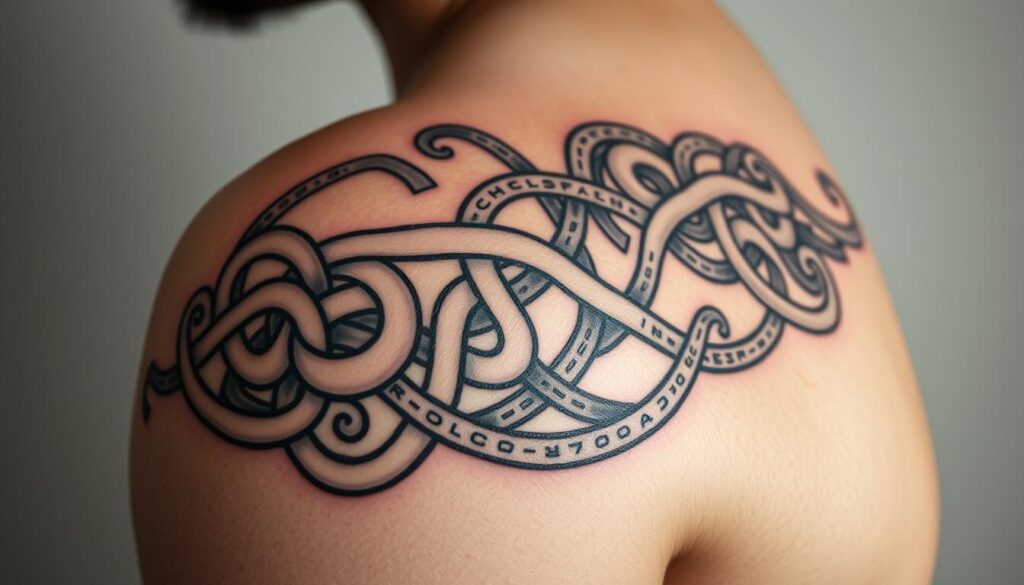 A close-up view of an intricate Celtic-inspired Viking tattoo design. The tattoo features a bold, sweeping pattern of intertwining knots, spirals, and runes, showcasing the fusion of Nordic and Celtic artistic traditions. The design is rendered in a dark, bold line work with subtle shading, creating a sense of depth and movement. The tattoo is captured against a neutral, minimalist background, allowing the mesmerizing details of the artwork to take center stage. The lighting is soft and diffused, highlighting the textural quality of the ink and the skin. The overall impression is one of ancient mysticism, warrior spirit, and the blending of two rich cultural heritages.
