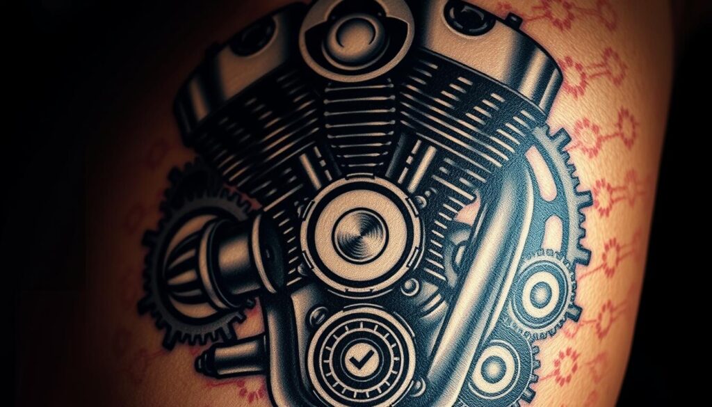 A close-up view of an intricate motorcycle tattoo design, featuring a detailed illustration of a vintage motorcycle engine against a background of subtle mechanical gears and cogs. The engine components are rendered with a high level of realism, showcasing the complex interplay of pistons, valves, and chrome accents. The tattoo design is set against a moody, low-key lighting scheme, casting dramatic shadows and highlights that accentuate the depth and texture of the artwork. The overall composition conveys a sense of power, precision, and the rugged, industrial aesthetic associated with motorcycle culture.