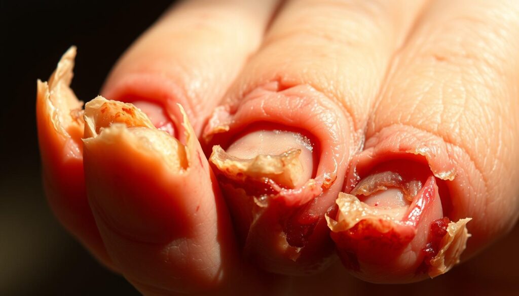 A close-up view of bitten, damaged nails and the skin around them, with visible signs of irritation, redness, and inflammation. The nails are ragged, uneven, and discolored, with visible indentations and jagged edges. The surrounding skin is raw, cracked, and peeling, with visible signs of minor bleeding and infection. The scene is lit with a warm, natural light, casting subtle shadows and highlighting the textural details of the nails and skin. The composition places the damaged nails and skin in the center of the frame, emphasizing the oral and dermatological consequences of chronic nail biting. A close-up view of bitten, damaged nails and the skin around them, with visible signs of irritation, redness, and inflammation. The nails are ragged, uneven, and discolored, with visible indentations and jagged edges. The surrounding skin is raw, cracked, and peeling, with visible signs of minor bleeding and infection. The scene is lit with a warm, natural light, casting subtle shadows and highlighting the textural details of the nails and skin. The composition places the damaged nails and skin in the center of the frame, emphasizing the oral and dermatological consequences of chronic nail biting.
