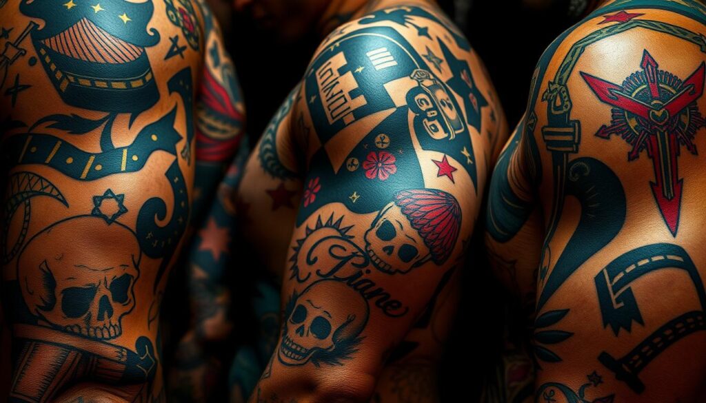 A close-up view of bold, colorful baddie tattoo designs covering the skin. Intricate linework and vibrant hues create captivating patterns across the foreground, including detailed depictions of skulls, daggers, and symbolic motifs. The middle ground showcases a diverse array of baddie-inspired tattoos, each with a distinct style and flair. The background is dimly lit, casting dramatic shadows that accentuate the tattoos' depth and texture. The overall composition conveys a sense of edgy, rebellious energy, perfect for showcasing the unique character and individuality of baddie tattoo aesthetics.