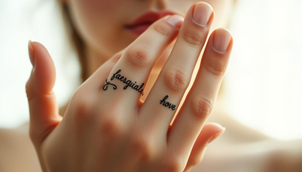 A close-up view of delicate, feminine fingers adorned with minimalist word and letter tattoos. The skin is smooth and youthful, with a faint blush of pink. The fingers are positioned elegantly, highlighting the intricate, stylized designs that wrap around the knuckles and pads. Soft, diffused lighting casts a warm, ethereal glow, emphasizing the graceful lines and curves of the hand. The background is softly blurred, keeping the focus on the delicate tattoos and the expressive, expressive gestures of the fingers. The overall mood is one of understated beauty, personal expression, and a touch of whimsy.