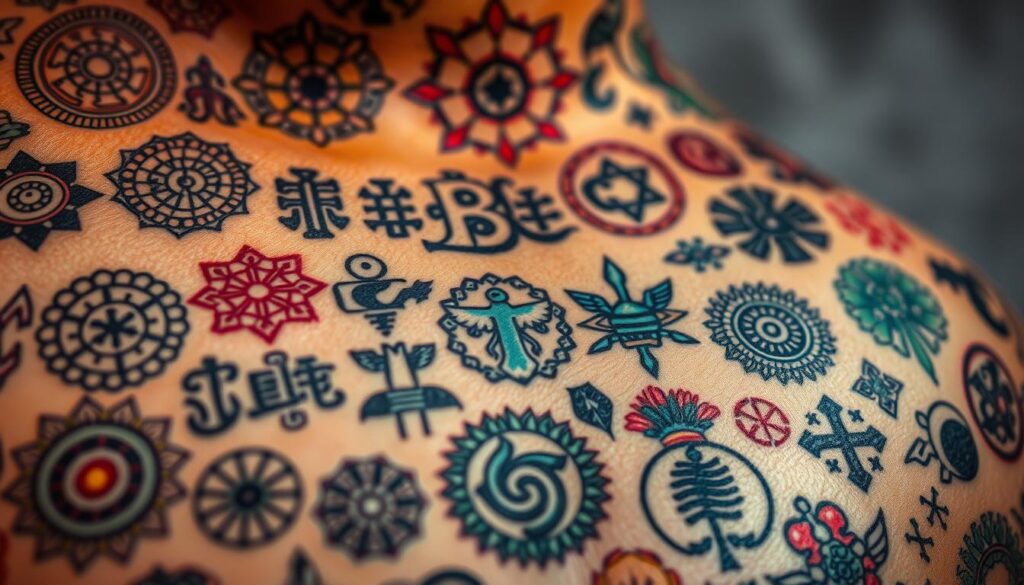 A close-up view of diverse colorful tattoo symbols arranged in a visually striking and harmonious composition. The foreground features intricate designs representing various cultural and spiritual meanings, such as geometric patterns, mythical creatures, and nature-inspired motifs. The middle ground showcases vibrant hues ranging from warm oranges and reds to cool blues and greens, creating a mesmerizing interplay of tones. The background subtly blends soft, diffused lighting and a muted, ethereal backdrop, accentuating the symbolic significance of the tattoo art. The overall scene conveys a sense of deep personal expression, cultural heritage, and the powerful significance of color in tattoo design.