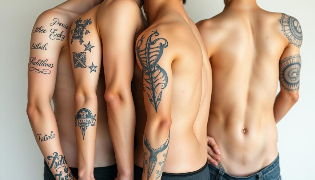 A close-up view of diverse tattoo placement options on a neutral background. The foreground showcases a variety of tattoo designs - from intricate script to abstract patterns - artfully placed on different body parts, such as the shoulder, wrist, back, and ribs, to illustrate the versatility of tattoo placement. The middle ground features realistic human limbs and torsos in natural lighting, highlighting the natural contours and skin tones as potential tattoo canvases. The background maintains a clean, minimalist aesthetic, allowing the tattoo designs and placements to be the focal point. The overall composition conveys a sense of creative inspiration and customization for both male and female subjects.