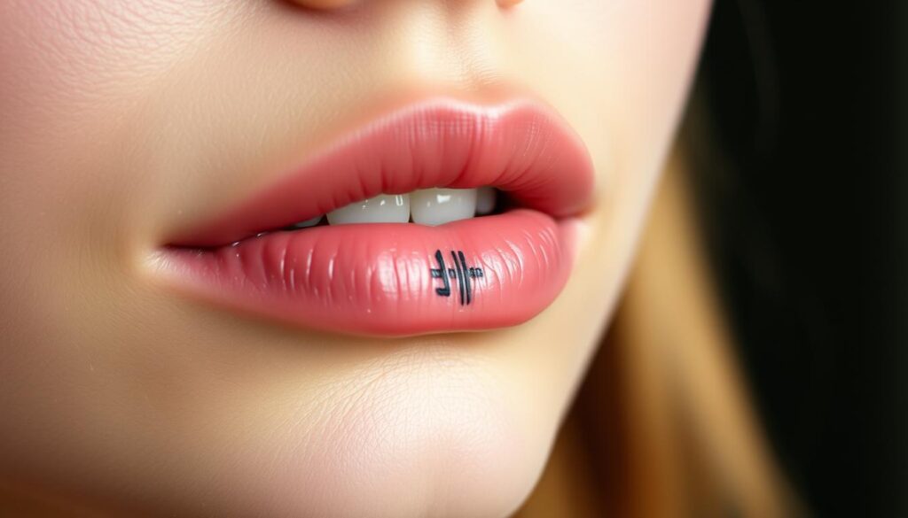 A close-up view of freshly-healed lip tattoo, with delicate skin texture and subtle sheen. The tattoo design is visible, but not overpowering, blending seamlessly with the natural contours of the lips. Soft, diffused lighting casts a warm, natural glow, highlighting the intricate details. The lips appear slightly parted, conveying a sense of vulnerability and the healing process. The background is out of focus, creating a sense of intimacy and focus on the central subject. The overall mood is one of vulnerability, healing, and the personal journey of the lip tattoo.