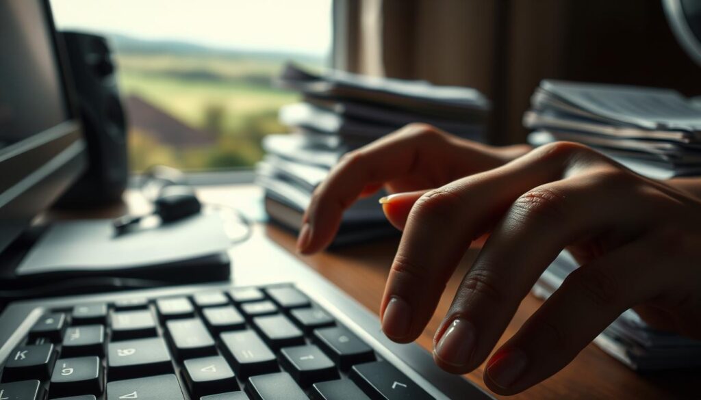 A close-up view of human hands, nails bitten down to the quick, surrounded by an unsettling array of potential triggers - a stressed-out computer keyboard, a nervous foot tapping, a stack of overdue bills. The scene is bathed in harsh, unflattering lighting, casting deep shadows that convey the discomfort and anxiety of the nail-biting habit. In the background, a blurred, hazy landscape suggests the broader impacts of this compulsive behavior - diminished self-confidence, strained relationships, and a general sense of unease. The overall atmosphere is one of tension and unease, inviting the viewer to better understand the complex web of factors that contribute to and perpetuate this common, yet troubling, condition. A close-up view of human hands, nails bitten down to the quick, surrounded by an unsettling array of potential triggers - a stressed-out computer keyboard, a nervous foot tapping, a stack of overdue bills. The scene is bathed in harsh, unflattering lighting, casting deep shadows that convey the discomfort and anxiety of the nail-biting habit. In the background, a blurred, hazy landscape suggests the broader impacts of this compulsive behavior - diminished self-confidence, strained relationships, and a general sense of unease. The overall atmosphere is one of tension and unease, inviting the viewer to better understand the complex web of factors that contribute to and perpetuate this common, yet troubling, condition.