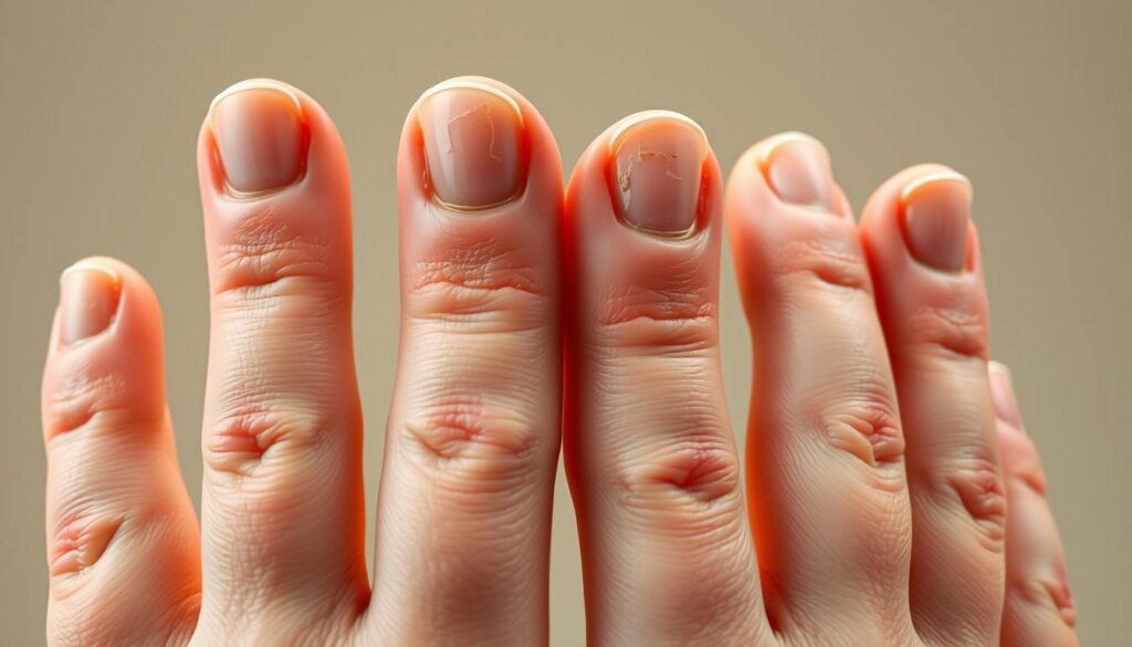 A close-up view of human hands with various nail conditions, including vertical ridges, discoloration, and texture abnormalities. The nails are highlighted against a neutral, slightly out-of-focus background, drawing the viewer's attention to the details. Soft, warm lighting illuminates the scene, creating a sense of clinical examination. The image conveys a sense of scientific investigation, with a focus on the underlying health factors that can impact nail health and appearance. A close-up view of human hands with various nail conditions, including vertical ridges, discoloration, and texture abnormalities. The nails are highlighted against a neutral, slightly out-of-focus background, drawing the viewer's attention to the details. Soft, warm lighting illuminates the scene, creating a sense of clinical examination. The image conveys a sense of scientific investigation, with a focus on the underlying health factors that can impact nail health and appearance.