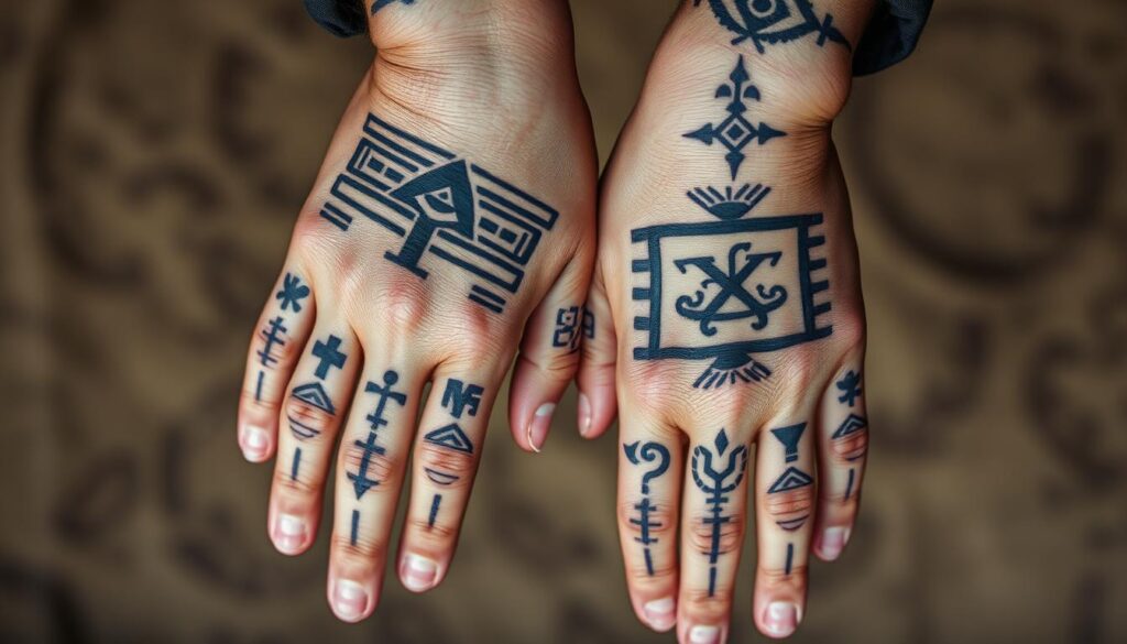 A close-up view of intricate Inuit tattoos adorning the hands and forearms of a person, with delicate lines and bold geometric patterns that symbolize their cultural identity and gender. The tattoos are highlighted by soft, diffused lighting that casts subtle shadows, creating depth and emphasizing the three-dimensional nature of the skin art. The background is a muted, earthy tone that allows the tattoos to be the focal point, conveying a sense of timelessness and cultural heritage.