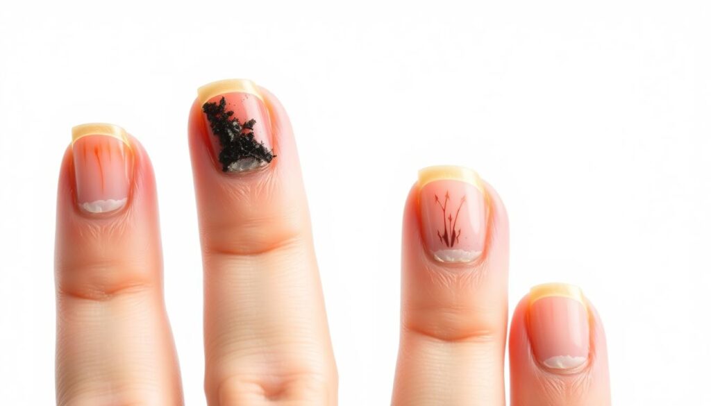 A close-up view of several human fingernails against a clean, white background. The nails are in various stages of growth, showcasing factors that can influence nail development, such as healthy and damaged nail beds, discoloration, and irregular growth patterns. The lighting is soft and diffused, highlighting the intricate texture and structure of the nails. The composition emphasizes the key elements that contribute to the overall health and growth rate of nails, conveying a sense of scientific inquiry and attention to detail. A close-up view of several human fingernails against a clean, white background. The nails are in various stages of growth, showcasing factors that can influence nail development, such as healthy and damaged nail beds, discoloration, and irregular growth patterns. The lighting is soft and diffused, highlighting the intricate texture and structure of the nails. The composition emphasizes the key elements that contribute to the overall health and growth rate of nails, conveying a sense of scientific inquiry and attention to detail.