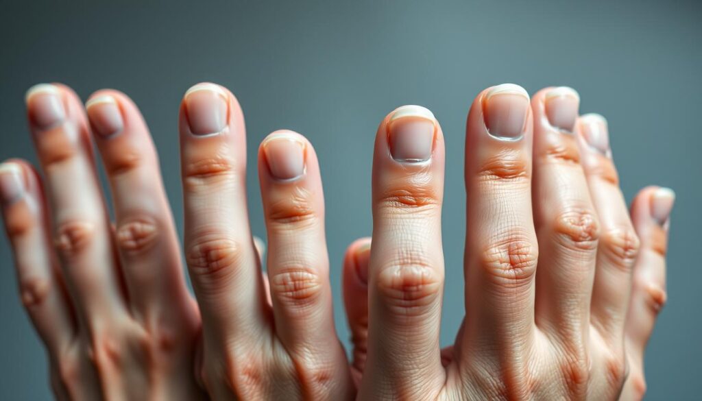 A close-up view of several human hands displaying various nail changes caused by different medications. The hands are in the foreground, with a soft, diffused lighting creating a clinical yet thoughtful atmosphere. The nails exhibit a range of subtle discolorations, thickening, and textural alterations, capturing the nuanced impact of pharmacological treatments on nail health. The background is blurred, allowing the viewer to focus on the intricate details of the nails and the story they convey about the body's response to medication. The image aims to visually illustrate the section on the impact of medications on nail appearance, providing a tangible representation to complement the article's informative content. A close-up view of several human hands displaying various nail changes caused by different medications. The hands are in the foreground, with a soft, diffused lighting creating a clinical yet thoughtful atmosphere. The nails exhibit a range of subtle discolorations, thickening, and textural alterations, capturing the nuanced impact of pharmacological treatments on nail health. The background is blurred, allowing the viewer to focus on the intricate details of the nails and the story they convey about the body's response to medication. The image aims to visually illustrate the section on the impact of medications on nail appearance, providing a tangible representation to complement the article's informative content.