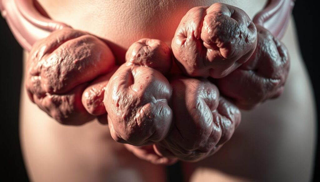 A close-up view of several large, irregularly shaped fibroid tumors emerging from the uterus. The fibroids have a mottled, discolored appearance, hinting at their dangerous size and potential for complications. Crisp, high-resolution rendering with dramatic, side lighting casting deep shadows to emphasize the menacing, looming presence of the growths. The scene conveys a sense of medical urgency and the need for prompt intervention, heightening the viewer's awareness of the potential risks posed by substantial fibroid development.