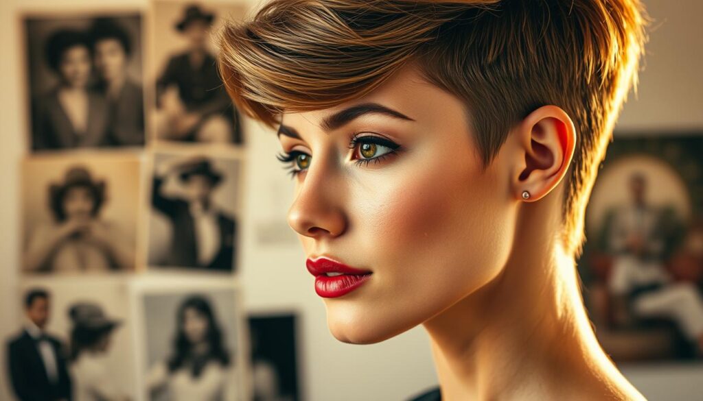 A close-up view of the origins of the wolf cut hairstyle trend, showcasing the key elements that define this stylish and versatile short cut. In the foreground, an elegant wolf cut model with lush, textured layers and a sleek, side-swept silhouette. The middle ground reveals historical references, such as vintage photographs and fashion editorials highlighting the wolf cut's evolution over time. The background is softly blurred, evoking a sense of timelessness and the enduring appeal of this contemporary style. Warm, natural lighting casts a golden glow, emphasizing the wolf cut's dimensional, voluminous shape and the model's striking features. A visually captivating representation of the origins and enduring popularity of the wolf cut trend.