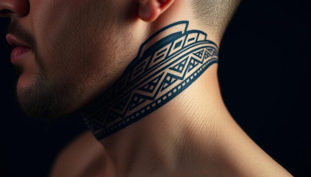 A close-up view of the side of a man's neck, with a striking tattoo design prominently displayed. The tattoo features intricate lines, geometric patterns, and bold shading that wraps around the neck, creating a visually striking and captivating image. The lighting is soft and directional, highlighting the contours of the neck and the details of the tattoo. The background is blurred, keeping the focus on the tattoo and the subject's neck. The overall mood is one of artistic expression, personal style, and a sense of confidence and individuality.