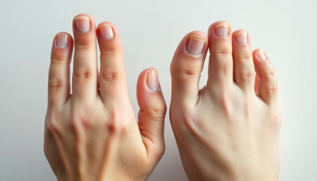 A close-up view of two human hands, one with fingernails and the other with toenails. The fingernails and toenails are displayed prominently, showcasing their distinct growth patterns. The hands are positioned side by side, with the fingers and toes slightly spread, allowing for a clear comparison of the nail growth rates. The image is captured in soft, diffused lighting, emphasizing the texture and sheen of the nails. The background is a simple, neutral tone, keeping the focus on the nails and their growth differences. The overall composition is clean and visually striking, highlighting the key aspects of the subject matter. A close-up view of two human hands, one with fingernails and the other with toenails. The fingernails and toenails are displayed prominently, showcasing their distinct growth patterns. The hands are positioned side by side, with the fingers and toes slightly spread, allowing for a clear comparison of the nail growth rates. The image is captured in soft, diffused lighting, emphasizing the texture and sheen of the nails. The background is a simple, neutral tone, keeping the focus on the nails and their growth differences. The overall composition is clean and visually striking, highlighting the key aspects of the subject matter.
