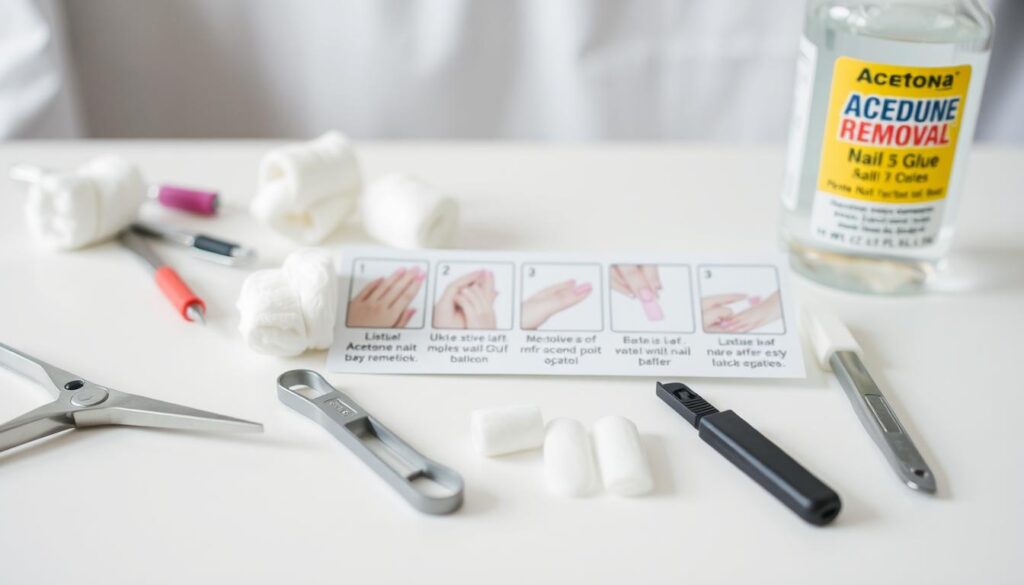 A close-up view of various nail glue removal methods laid out on a clean, white surface. In the foreground, there are several tools and products used for nail glue removal, such as cuticle nippers, cotton balls, and acetone-based nail polish remover. The middle ground features a step-by-step sequence of actions demonstrating the process of gently lifting and peeling off hardened nail glue. The background is softly blurred, creating a sense of focus on the removal techniques. The lighting is soft and diffused, highlighting the textures and colors of the materials. The overall atmosphere is one of a methodical, step-by-step approach to safely and effectively removing nail glue. A close-up view of various nail glue removal methods laid out on a clean, white surface. In the foreground, there are several tools and products used for nail glue removal, such as cuticle nippers, cotton balls, and acetone-based nail polish remover. The middle ground features a step-by-step sequence of actions demonstrating the process of gently lifting and peeling off hardened nail glue. The background is softly blurred, creating a sense of focus on the removal techniques. The lighting is soft and diffused, highlighting the textures and colors of the materials. The overall atmosphere is one of a methodical, step-by-step approach to safely and effectively removing nail glue.