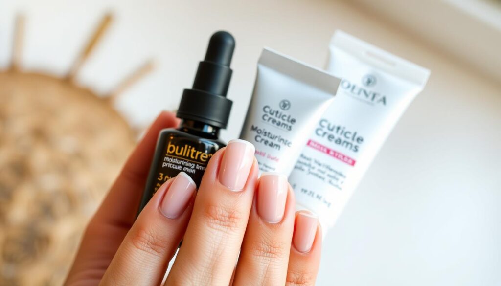 A close-up, well-lit photograph of the human hand holding several nail care products, including a moisturizing nail oil, cuticle cream, and a nail file. The nails are shown in the foreground, with a soft, out-of-focus background showcasing a minimalist, natural setting. The lighting is warm and diffused, highlighting the texture and shine of the nails and products. The overall tone is calming and informative, guiding the viewer towards effective solutions for addressing nail moisture imbalance.
