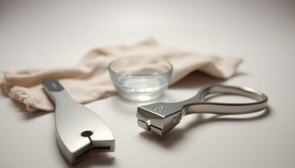 A close-up, well-lit studio photograph of cat nail trimming tools on a clean, white background. In the foreground, a pair of sharp, stainless steel cat nail clippers, their blades glistening. Behind them, a small emery board and a soft, lint-free cloth. In the middle ground, a small glass dish filled with a calming, natural cat-safe solution. The lighting is soft and diffused, creating gentle shadows and highlighting the tools' forms and textures. The overall mood is one of precision, care, and attention to detail, conveying the importance of proper nail care for feline companions.