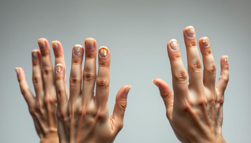 A close-up, well-lit studio photograph of several human hands with short, damaged nails. The nails have visible signs of peeling, splitting, and discoloration. The hands are in the foreground, with a minimalistic, neutral-toned background that keeps the focus on the nails. The lighting is soft and diffused, creating subtle shadows that accentuate the texture and imperfections of the nails. The composition emphasizes the hands in a way that conveys the importance of proper nail care and the consequences of neglect. A close-up, well-lit studio photograph of several human hands with short, damaged nails. The nails have visible signs of peeling, splitting, and discoloration. The hands are in the foreground, with a minimalistic, neutral-toned background that keeps the focus on the nails. The lighting is soft and diffused, creating subtle shadows that accentuate the texture and imperfections of the nails. The composition emphasizes the hands in a way that conveys the importance of proper nail care and the consequences of neglect.