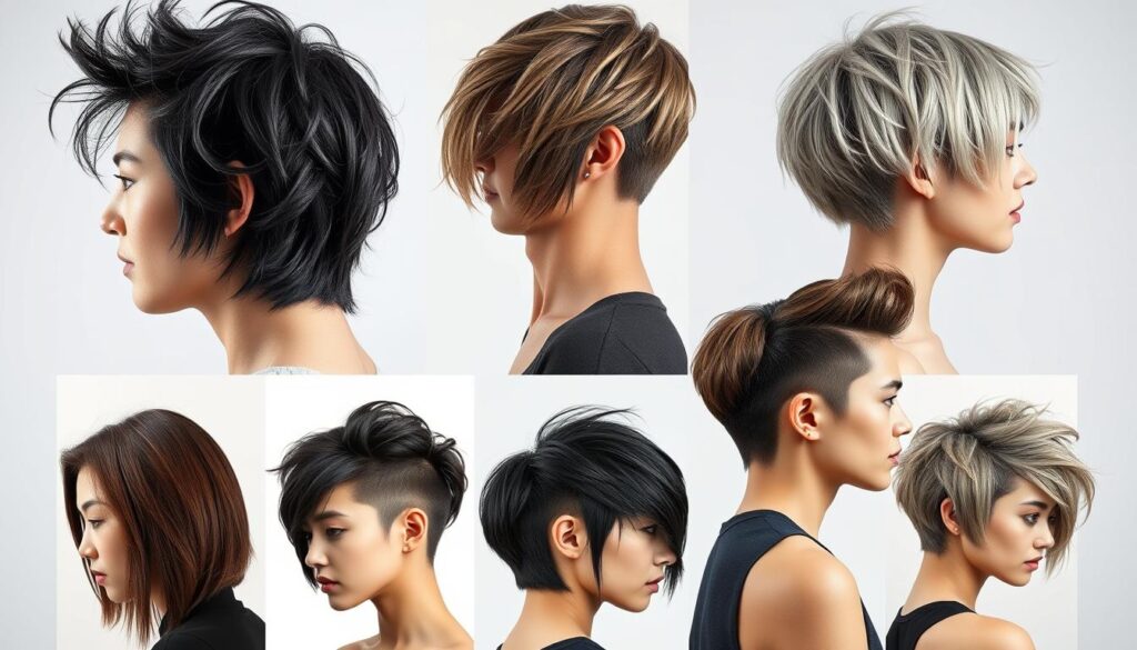 A close-up, well-lit studio shot of several hairstyles showcasing the variations of the wolf cut haircut. Featuring a diverse array of hair textures, lengths, and styles - from shaggy and textured to sleek and layered. The models have their heads turned at slight angles, highlighting the dynamic shape and movement of the wolf cut. The lighting is soft and diffused, creating a clean, high-fashion aesthetic. The background is a simple, neutral tone that allows the hair to be the focal point. The overall mood is one of refined elegance and modern sophistication, perfectly capturing the versatility and appeal of this captivating Asian-inspired hairstyle.