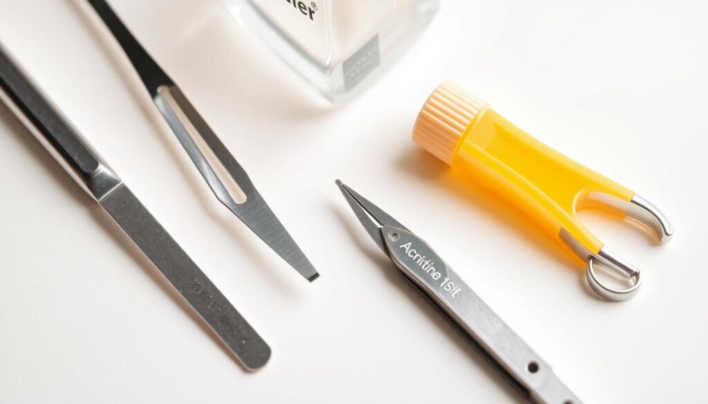 A closeup arrangement of various acrylic nail removal tools, including a cuticle pusher, nail file, acetone nail polish remover, and metal nail clippers, all neatly displayed on a clean, light-colored surface. The lighting is soft and diffused, creating gentle shadows that emphasize the texture and details of the tools. The composition is balanced, with the tools strategically placed to create a visually appealing and informative display, suitable for illustrating the "Getting Started with Fake Nail Removal" section of the article. A closeup arrangement of various acrylic nail removal tools, including a cuticle pusher, nail file, acetone nail polish remover, and metal nail clippers, all neatly displayed on a clean, light-colored surface. The lighting is soft and diffused, creating gentle shadows that emphasize the texture and details of the tools. The composition is balanced, with the tools strategically placed to create a visually appealing and informative display, suitable for illustrating the "Getting Started with Fake Nail Removal" section of the article.