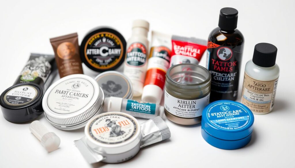 A closeup, detailed still life composition of various tattoo aftercare ointments and balms arranged on a clean, minimalist white background. The ointments are depicted in their original packaging, showcasing a range of popular brands and formulas commonly recommended by tattoo artists. Soft, even lighting from above accentuates the textures and colors of the products. The scene conveys a sense of professionalism, expertise, and care, reflecting the "Expert Insights and Tattoo Artist Recommendations" section of the article.