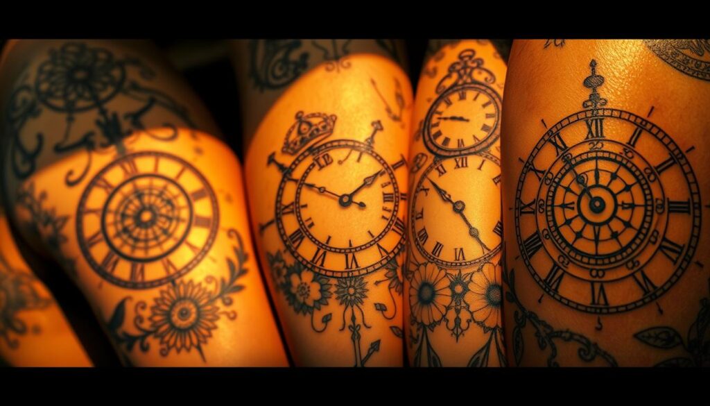 A collection of intricate clock tattoos with elegant and symbolic designs. Detailed clockwork mechanisms with precisely rendered gears, hands, and numerals. Subtle shading and highlights create depth and a sense of timelessness. Complementary elements like flowers, birds, or nature motifs delicately incorporated into the design. Warm, golden lighting casts a soft, vintage glow, evoking a sense of nostalgia. The tattoos are captured at a slight angle, highlighting their three-dimensional quality and the artistry of the ink work. Overall, the image conveys the timeless significance of clock tattoos as visual representations of life's transience and the importance of cherishing each moment.