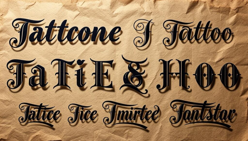 A collection of intricate, hand-crafted tattoo font styles, artfully displayed against a textured, parchment-like background. The lettering styles range from sleek and modern to ornate and vintage, showcasing the versatility and expressive potential of this form of body art. Subtle lighting casts dramatic shadows, adding depth and dimension to the display. The overall mood is one of thoughtful exploration, inviting the viewer to consider the unique storytelling capabilities of these diverse typographical choices.