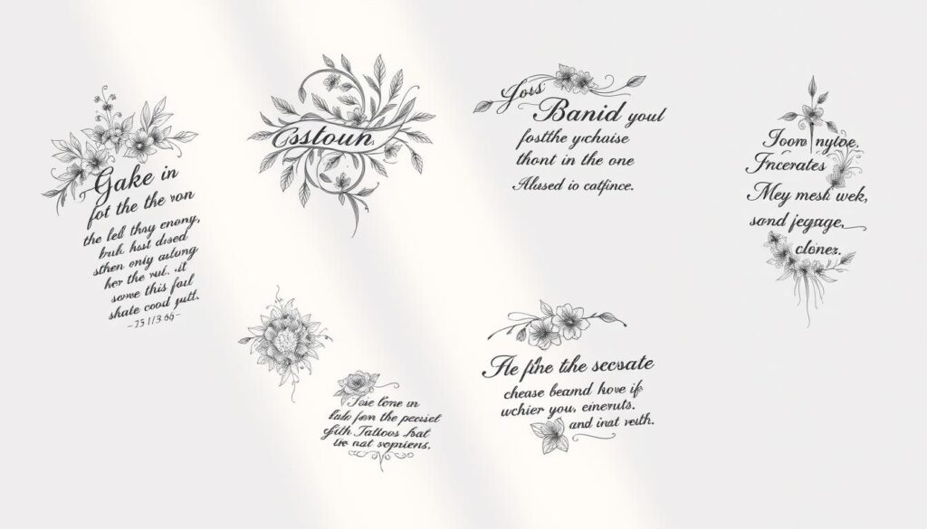 A collection of intricate, hand-drawn scripture tattoo designs, featuring elegant calligraphic lettering and delicate, intertwining floral motifs. The designs are set against a soft, muted background, creating a sense of reverence and contemplation. The tattoos are displayed in a minimalist, high-contrast composition, highlighting the beauty and significance of the biblical verses and references. The lighting is subtle and natural, casting gentle shadows to accentuate the depth and texture of the ink. The overall mood is one of spiritual reflection and artistic appreciation for the deeply personal and meaningful nature of these Christian-inspired tattoos.
