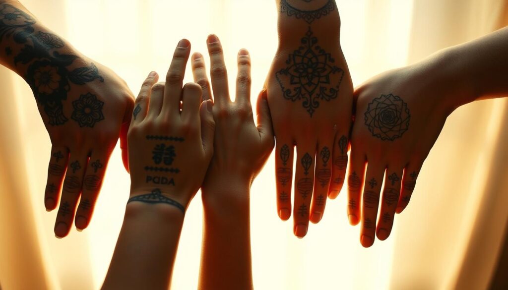 A collection of intricate hand tattoo designs, featuring delicate floral motifs, geometric patterns, and symbolic imagery. The tattoos are prominently displayed against a softly lit, neutral background, allowing the details and textures to be the focal point. The lighting is warm and diffused, creating a serene, intimate atmosphere. The camera angle is close-up, highlighting the organic flow and placement of the tattoos on the hands. The overall composition emphasizes the artistry and personal significance of these meaningful hand tattoos.